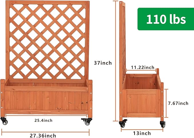 2 Pcs Wooden Planter Boxes with Trellis: Four Universal Wheels for Easy Mobility 37.6 H x 27.5 W x 13 DPerfect for Outdoor Climbing Plants on Patios Balconies &amp Gardens