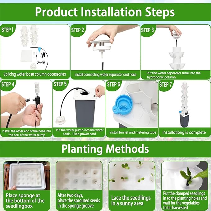 Vertical Hydroponics Tower: 15 Pods Home Garden Plant Germination Kits with Pump Movable Tank - Grow Herbs Fruits Vegetables Flowers(15holes)