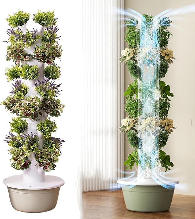Hydroponics Growing System with LEDVertical Hydroponic Tower Garden Kitfor Indoor Herbs Fruits and Vegetables -with Hydrating Pump Adapter Net Pots Timer9th Floor