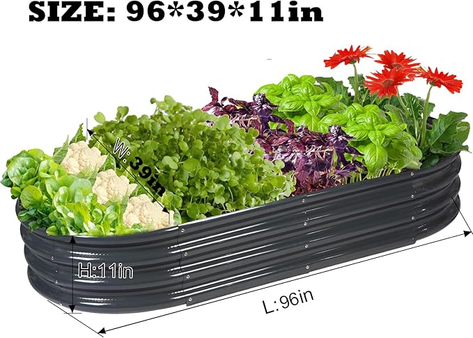 Raised Garden Bed GRS Certified Galvanized Planter Box Outdoor 8ft Oval Rot-Resistant Metal Garden Bed Planter Recycled Eco-Friendly Material Planter for Vegetables Flowers Herbs (Grey)