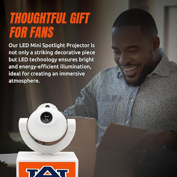 Sporticulture NCAA American Football Auburn Tigers - Adjustable Led Mini Spotlight Projector with 6 Team Logo Designs - Portable &amp Rechargeable Spotlight - Battery-Operated - 4.375” x 3.125”