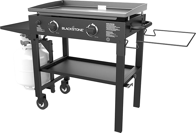 Blackstone 1853 Flat Top Gas Grill 2 Burner Propane Fuelled Rear Grease Management System 28” Outdoor Griddle Station for Camping with Built in Cutting Board and Garbage Holder 28 Inch Black
