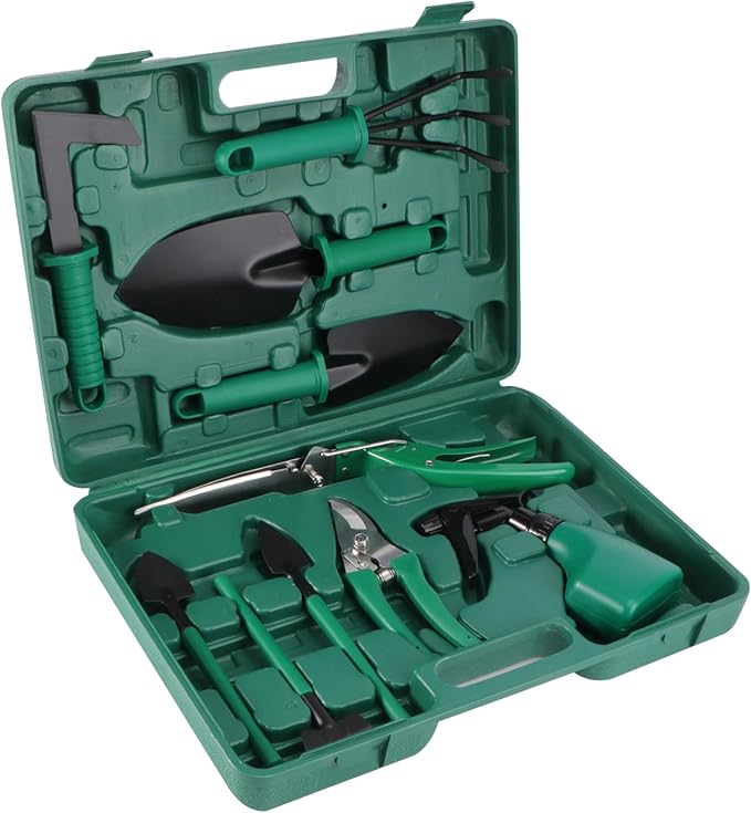 POPETPOP -one Garden Tool Set Case 10 Pcs Kit with Shovel Scissor Harrow Sprayer for Organization