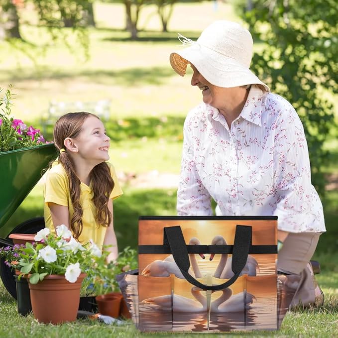 Sunset Beautiful Swans Garden Tool Bag Waterproof Garden Tool Storage Bag Heavy Duty Oxford Gardening Tool Bag with Handle &amp 10 Pockets for Men Women Outdoor Garden Lawn Yard