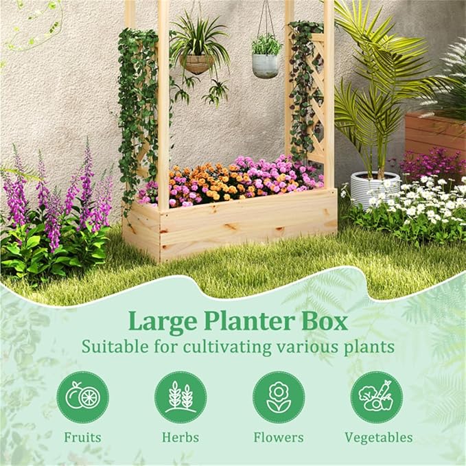 Pine Wood Garden Bed with Trellis Wooden Planter BoxArden Bed with Sided Trellis &amp Hanging Roof Wood Planter Box Freestanding Garden Planter Raised Bed for Flowers Herbs Climbing Vines