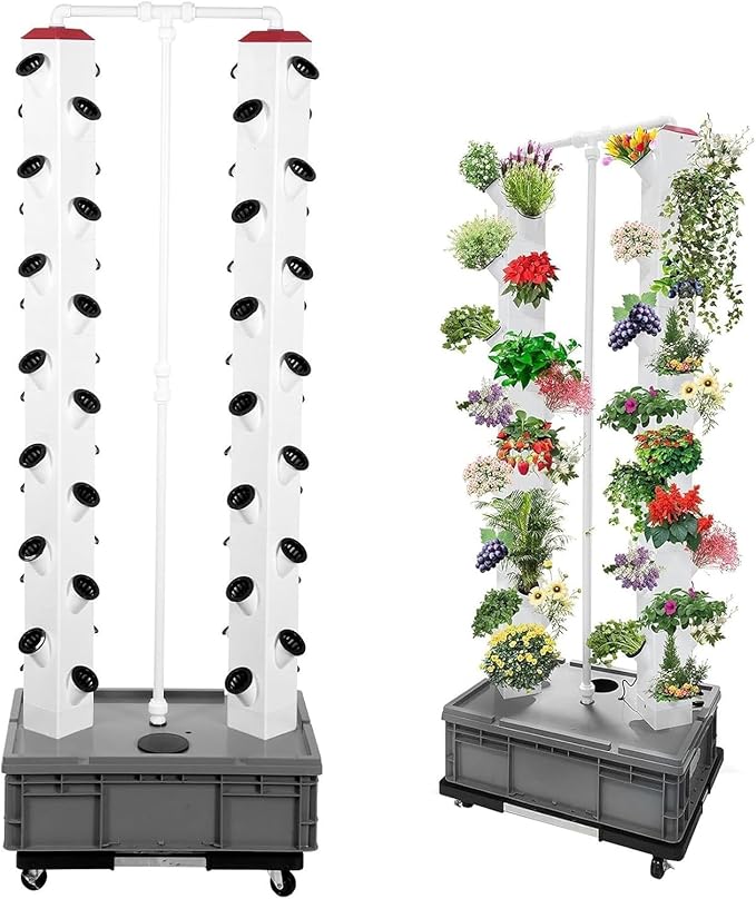 Hydroponics Tower Growing System Kit with 56 Planting Holes and 4 Wheels Aeroponic Tower Vertical Hydroponic Garden Tower for Gardening Lover Grey
