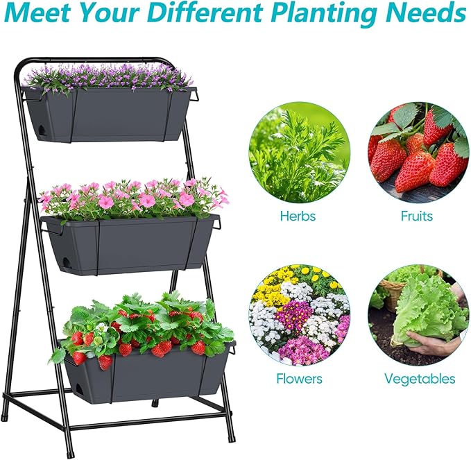 Vertical Garden Planter 3 Tier Raised Garden Bed Herb Planter Outdoor Standing Garden Planter Box with Drainage Holes Removable Tray for Patio Balcony Porch Grey