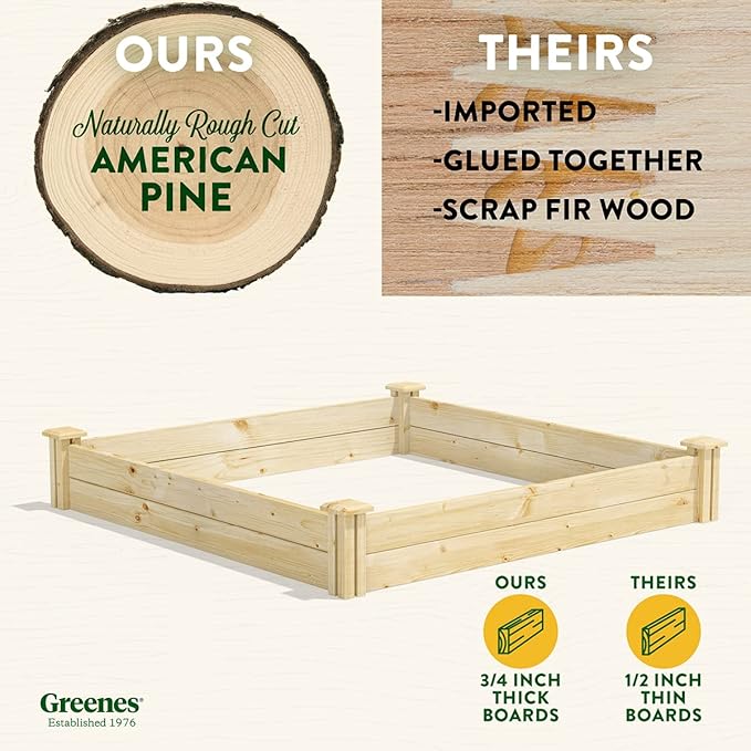 Greenes Fence Original Pine Raised Garden Bed 4' x 4' x 7 - Made in USA with American Pine