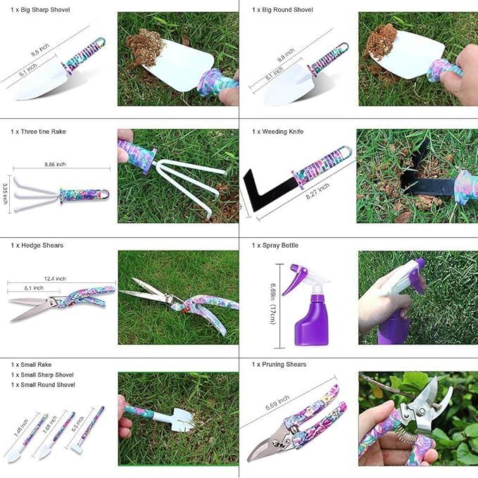 Garden Tools Set 11 Pieces Gardening Gifts with Purple Floral Print Ergonomic Handle Trowel Rake Shovels Pruner Shears Sprayer Gloves Garden Hand Tools with Carrying Case