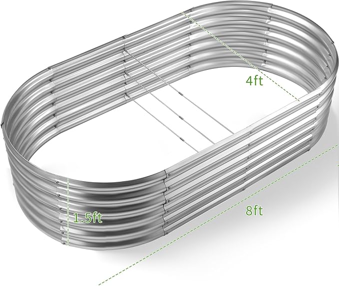 Land Guard Galvanized Metal Raised Garden Bed Kit 8x4x1.5ft Large Planter Boxes Outdoor Oval Gardening Box Patio Garden Planter Box for Vegetables (Silver)
