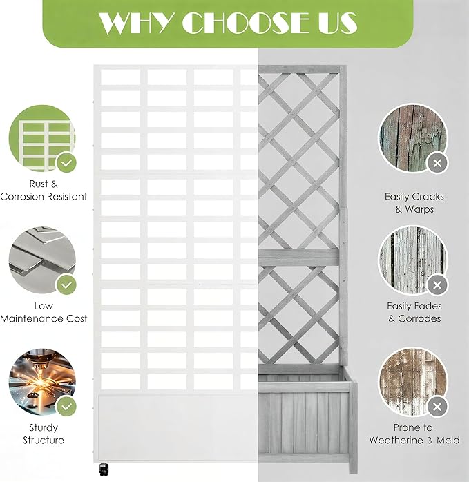 Metal Planter Box with Trellis for Climbing Plants 74.8x35.83x15.16 Raised Garden Bed with Privacy Screen Outdoor Planter with Drainage Holes White