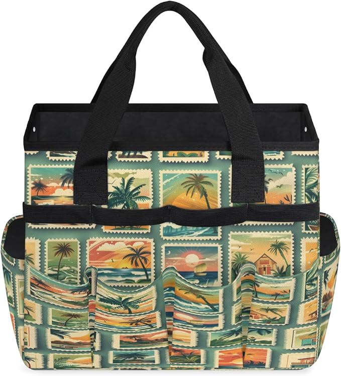 Scenery Palm Tree Sunset Print Garden Tool Bag for Women Men Garden Storage Tote Bag with 10 Pockets &amp Handle Gardening Tool Organizer for Garden Patio Indoor Outdoor