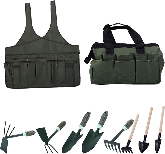 Garden Tool Set 9 Piece Ergonomic Rubber Coated Wooden Handle Gardening Tools with Storage Bag and Apron for Home Lawn Farm Planting Weeding