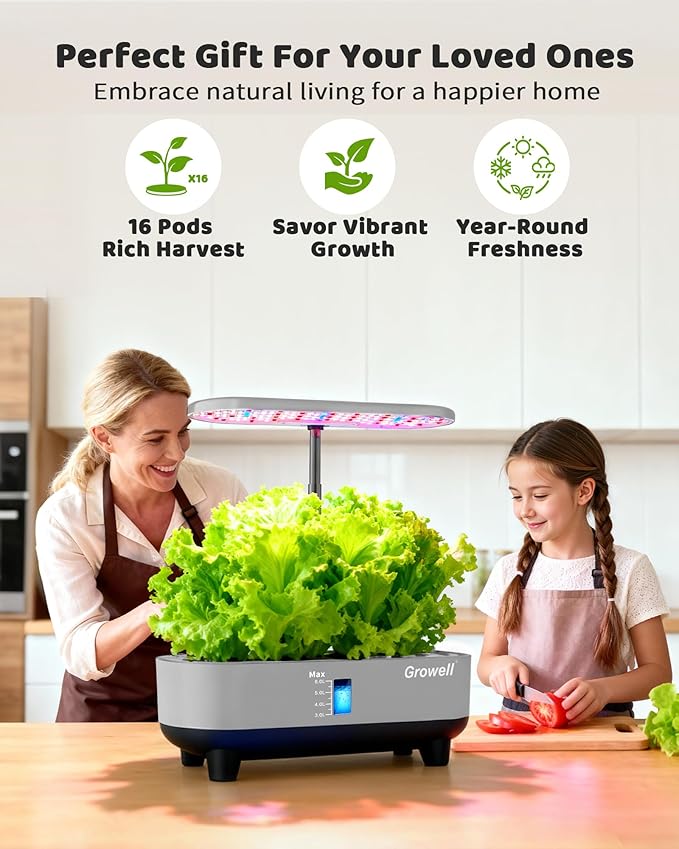 Hydroponics Growing System Kit 16 Pods Vertical 8L Indoor Gardening System for Herb Vegetable Fruit with LED Grow Light Smart Water Circulation 3 Light Modes &amp 2 Timer Gray