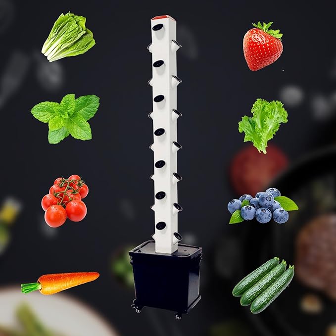 28 Holes Hydroponic Grow Tower Aeroponic Tower Garden System with Movable Water Tank Soilless Cultivation Grow Tower for Herbs Fruits and Vegetables