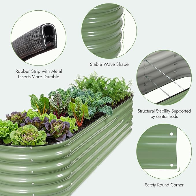 INNO STAGE Galvanized Raised Garden Bed Kits 8x2x1.4FT Metal Raised Garden Beds Outdoor 17'' Tall Large Steel Raised Planter Bed for Vegetables &amp Flowers Patio Ground Planter Box (Olive Green 2