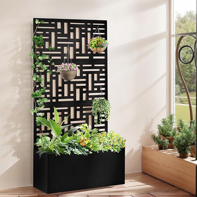 Vasitelan Metal Raised Garden Bed with Trellis 35.8 x 16 x 70.5 Vertical Planter with Drainage Hole &amp Privacy Screen Raised Garden Box for Climbing Plants Vegetable