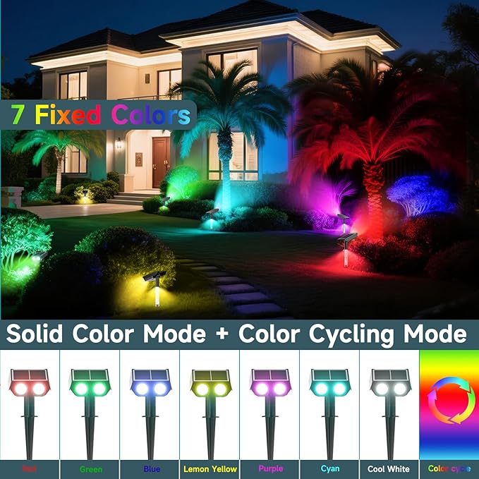 RGB Solar Spot Lights : 2 IN 1 Solar Lights Outdoor with 8 Lighting Modes &amp PC Light Guide Column for Tree Garden Yard Pathway | RGB Color Changing Landscape Lights | IP65 Waterproof | 12 Pack