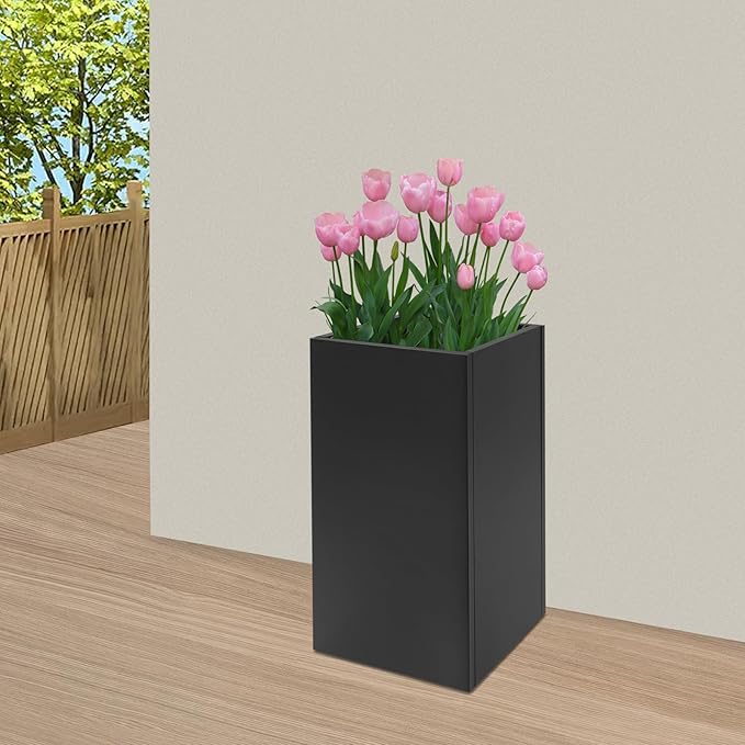 LYNICESHOP Modern Black Planter Box 16x16x30in Galvanized Steel Raised Bed Outdoor Garden Flower/Veggie Pot Rustproof Easy Assembly Contemporary Metal Decorative Pot Gloves Included