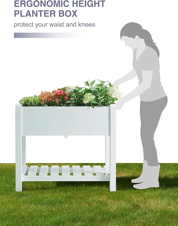 Psilvam Raised Garden Bed (4'x2') - 34 Inch Tall Poly Lumber Planter Box with Storage Shelf &amp Waterproof Tarp No Assembly Required Rot Resistant &amp Zero Maintenance for Vegetables Flowers