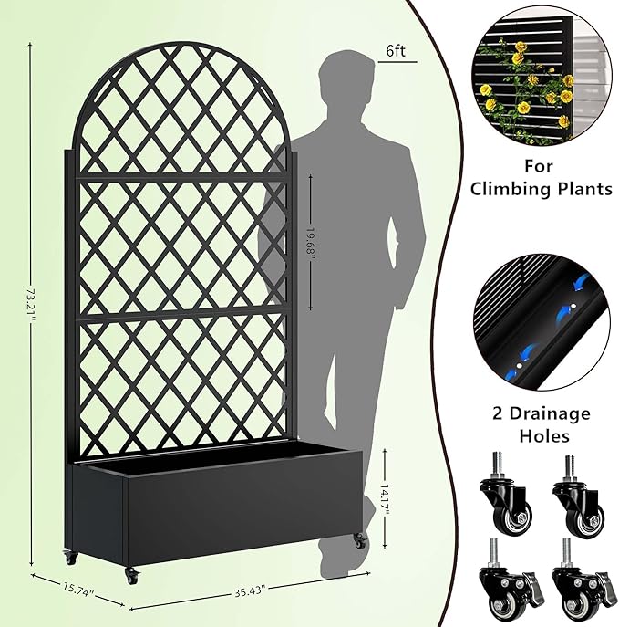 Metal Planter Box with Trellis Privacy Fence with Planter Box Privacy Planters for Patio with Drainage Holes Round Raised Garden Bed with Wheels for Climbing Plants Vegetables (Black+Round+Metal)