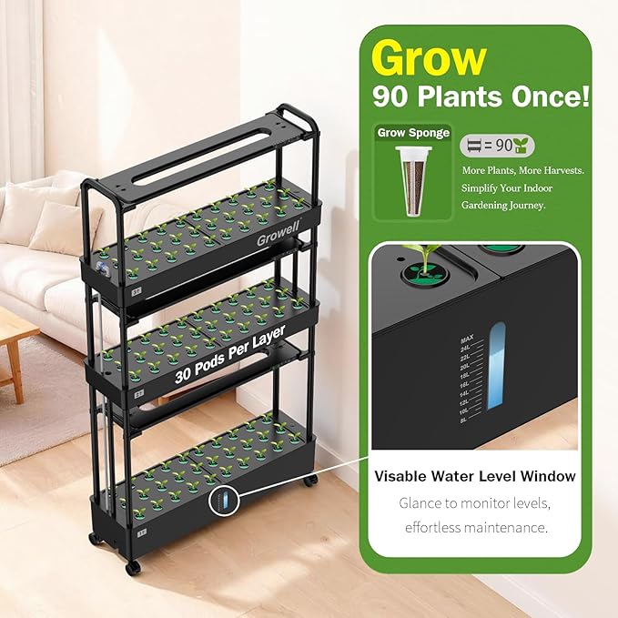 Large Hydroponics Growing System Kit 90 Pods Vertical Indoor Herb Garden Kit with 2 Light Modes &amp Auto Circulating Water System 40L Movable Indoor Gardening System for Herb Vegetable Fruit