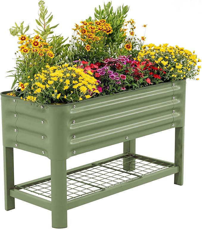 Elevated Raised Garden Bed for Kids 16(W) x 36 (L) x 22(H) Outdoor Planters Box with Legs &amp Storage Rack Solid &amp Safe Raised Beds for Gardening Herbs Vegetables Flowers Olive Green