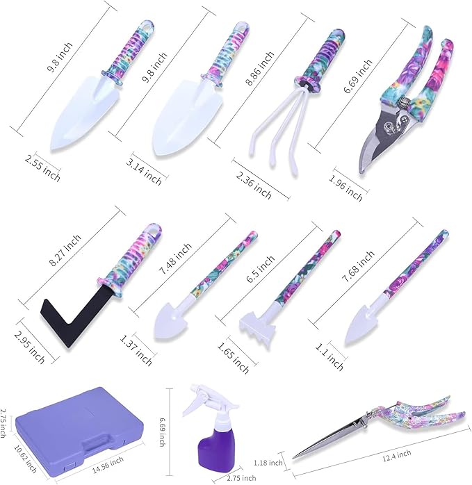 Garden Tool Sets Gardening Grandma Kid Gifts 10 Pieces Plant Hand Tool Sets with Purple Carrying Case for Men Gardener