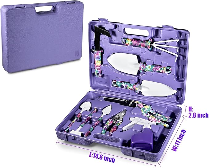 10-Piece Garden Tool Set for Women Heavy Duty Gardening Kit with Floral Handle Purple Storage Case Includes Trowel Shears Rake Sprayer - Ideal Gift for Female Gardeners