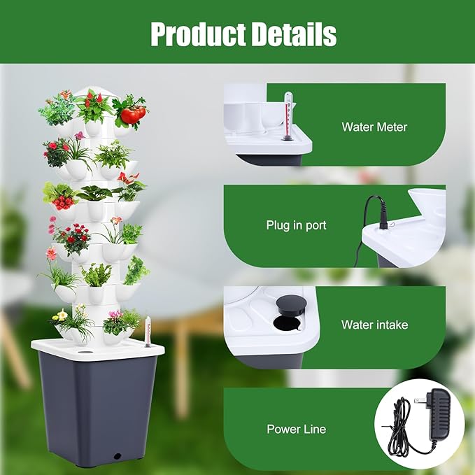 Vertical Hydroponic Garden Tower 6-Layer Indoor Planter with 30 Pods Automatic Watering System for Soilless Cultivation Compact Design for Urban Spaces Black