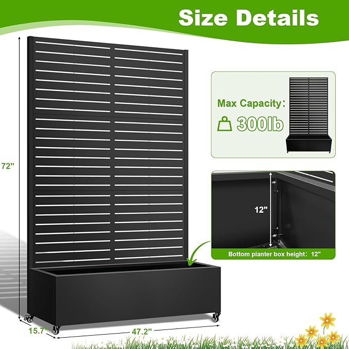 Metal Planter Box with Trellis 72x47x16 Metal Raised Garden Bed with Trellis Trellis Planter Box with Drainage Holes &amp Lockable Casters for Climbing Plants Vegetables and Vines