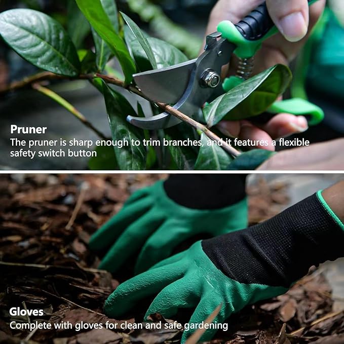 Garden Tool Set 8 PCS Stainless Steel Heavy Duty Gardening Tool Set with Non-Slip Rubber Grip Storage Tote Bag Outdoor Hand Tools Pruning Shears Set Gardening Tool Kit（Green）