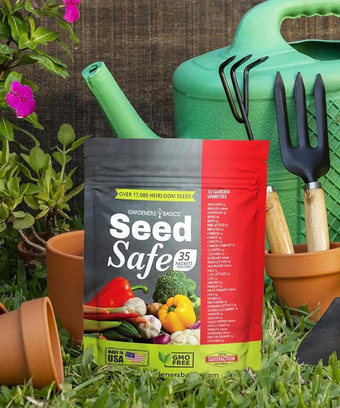 Gardeners Basics Seed Safe Kit - 35 Easy to Grow Heirloom Vegetable Seeds for Beginners - Non GMO Garden Starter Set with 17000+ Seeds - Gardening Gift for Families