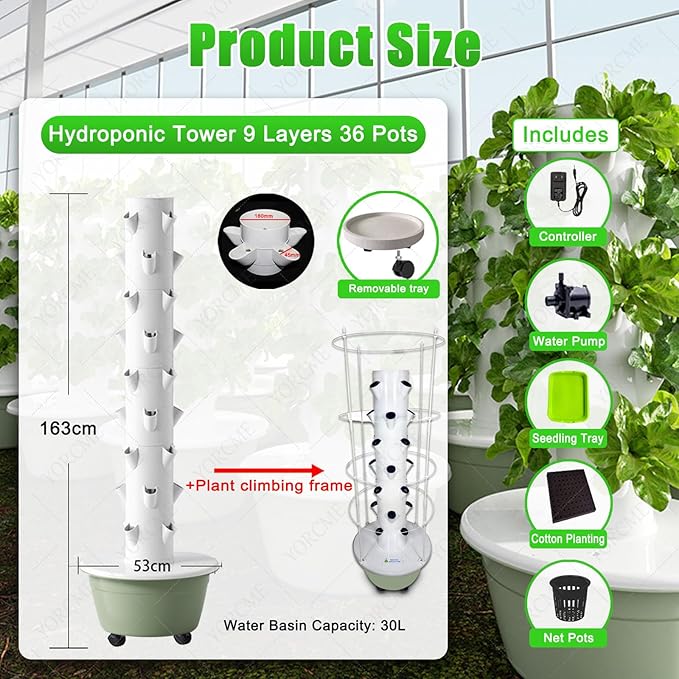 Hydroponics Tower Garden Hydroponic Growing System Aeroponics Growing Kit with Hydrating Pump Controllerfor Herbs Fruits and Vegetables B(36Pots)