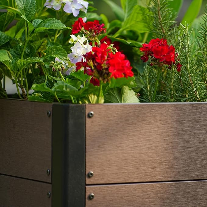 Elevated Wood-Look Garden Bed Planter Box – Durable Composite Material Deep Root Design Outdoor Space-Saving Easy Assembly – for Vegetables Herbs Flowers – 19.29 x 19.29x 17.72with Bottom