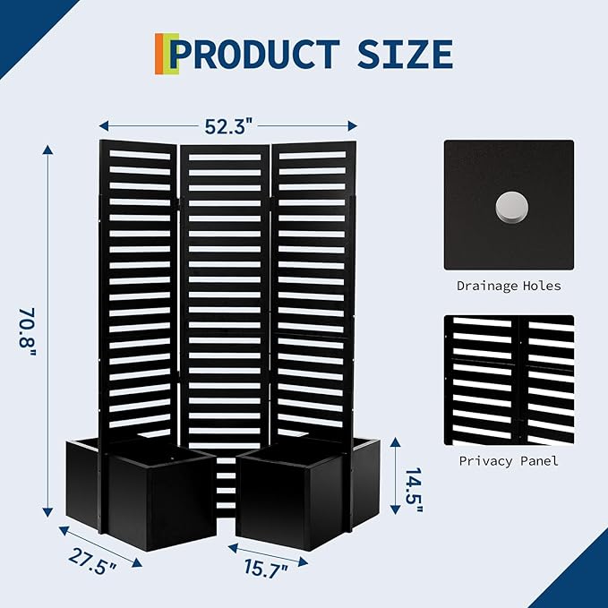 Privacy Screen with Planter Box 3-Panel Outdoor Privacy Planters Freestanding Room Divider with Self-Draining Raised Garden Beds &amp Trellis Metal Garden Fence Panel for Patio Deck Yard