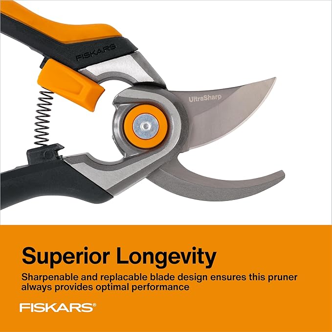 Fiskars Bypass Pruning Shears 1-Inch Cut Capacity Softgrip Pruner Forged Steel Replaceable Blade Stays Sharp Through Heavy Use with Rust Resistant Low-Friction Coating