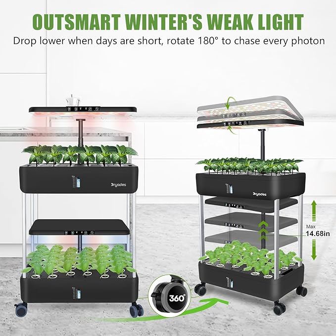 44-Pod Indoor Hydroponic Growing System + 3 Free Seeds Starter Kit (Lettuce Salad Mixed Basil Seeds) – Dual 53W Full-Spectrum LED 10-L Water Tank 2-Tier Grow Pods (44 Pods)