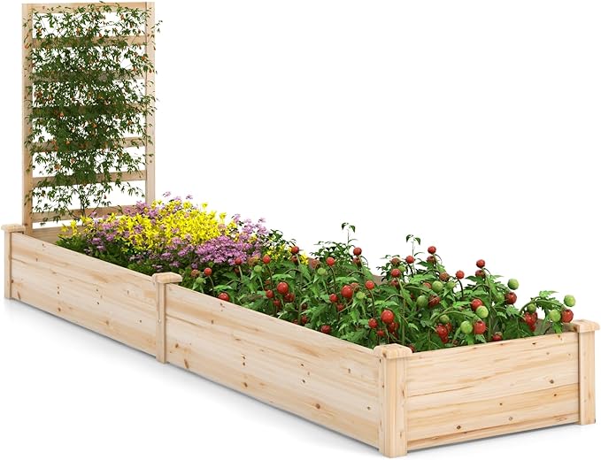 MAT EXPERT Raised Garden Bed with Trellis Natural Fir Wood Planter Box Outdoor for Vegetables &amp Flowers Fruits Cucumber Open-Ended Bottom Raised Flower Bed for Garden Patio Yard