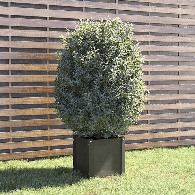 Grey Solid Pinewood Planter 15.7 inch Medium Cubic Decorative Inlays Outdoor Garden Bed Weather-Resistant for Patio Balcony Terrace