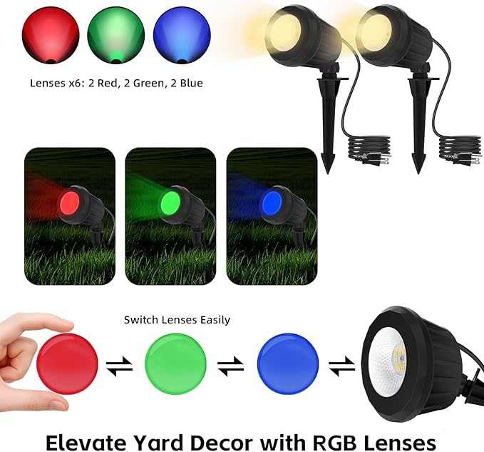 Spotlight Outdoor – 120V Plug-in 2700K Warm White LED Landscape Spot Lights with RGB 3 Lenses for Yard Garden Lawn&ampTree Decor IP67 Waterproof Perfect for Holidays&ampEveryday (2 Pack Black)