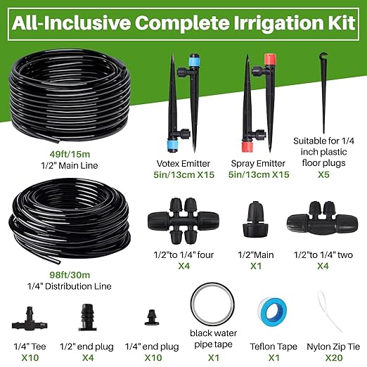 Drip Irrigation System Automatic Garden Watering Kit Quick-Connect Watering Misting Drip Irrigation System for GreenhousesYardsLawnsRaised Bedswith 98ft 1/4''&amp 49ft 1/2 Tubing and Accessori