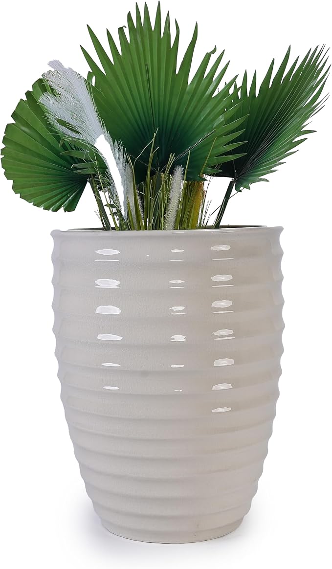 Handmade White Ceramic Planter 17 Diameter 1 Horizontal Ripple Ice Crack Pattern for Monstera and Fiddle Leaf Fig Indoor Outdoor Doorway Use Breathable Clay