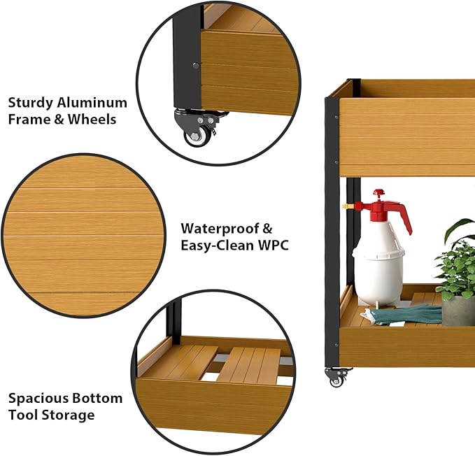 WPC Raised Garden Bed Waterproof Elevated Planter Box with Legs and Wheels for Outdoor Standing Patio Planters for Vegetables Flowers Herbs with Drainage Holes Yellow Teak