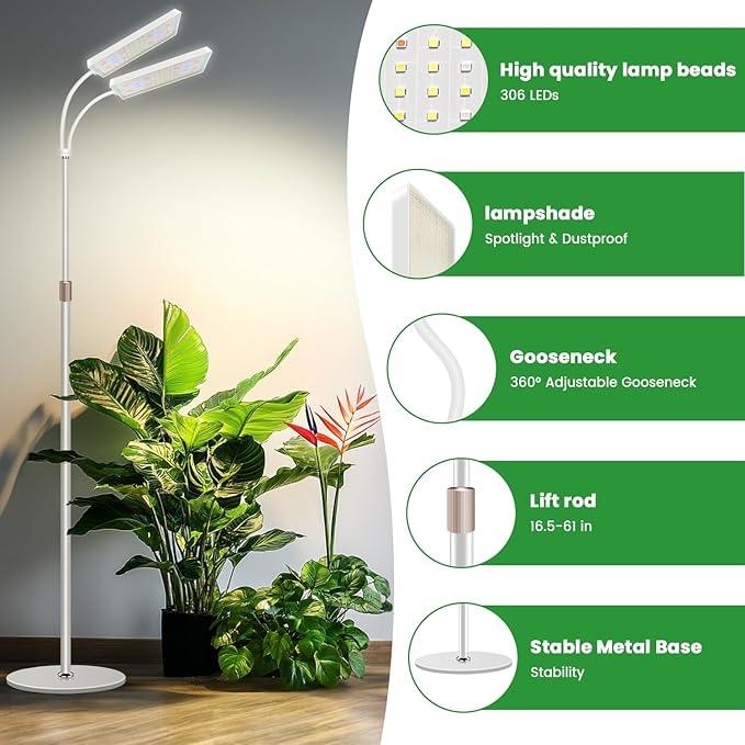 Wiaxulay Grow Lights for Indoor Plants 306 LED Full Spectrum Plant Light with Stand Height Adjustable 24-68 in for Growing Large Tall Plants 4/8/12/16H Timer3 Lighting Modes5 Brightness (2 Heads)