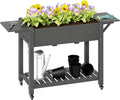 Outsunny Raised Garden Bed 57 x 20.5 x 34 in Wood Elevated Planter Box with Lockable Wheels Side Tables and Bottom Shelf Outdoor Raised Planter with Bed Liner and Drainage Holes Gray