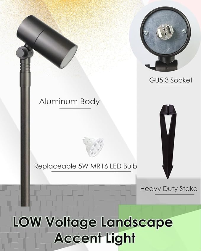 Low Voltage Landscape Path Light Kits Lights Paths and Garden Bed Also be Used for Uplights Light up Walls and Trees Cast Aluminum Body Free 5W 12V MR16 LED Bulb and ABS Stake 2-Pack