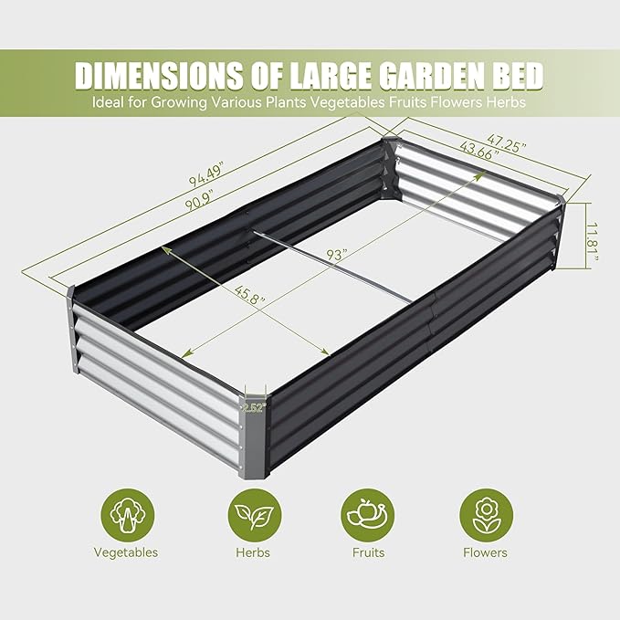 Land Guard Galvanized Raised Garden Bed Kit Outdoor Metal Raised Garden Beds Galvanized Planter Raised Garden Boxes for Vegetables Silver 94.49 x 47.25 x 11.81in