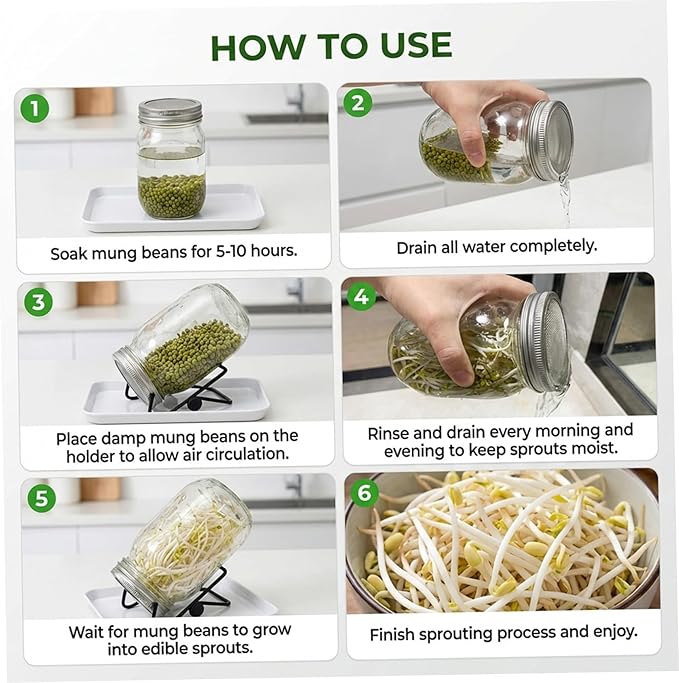 Sprouts Growing Kit Wide Mouth Sprouting Jar Kit with Stainless Steel Mesh Lids Drip Tray and Stand for Broccoli Mung Bean &amp Alfalfa Sprouts Growing