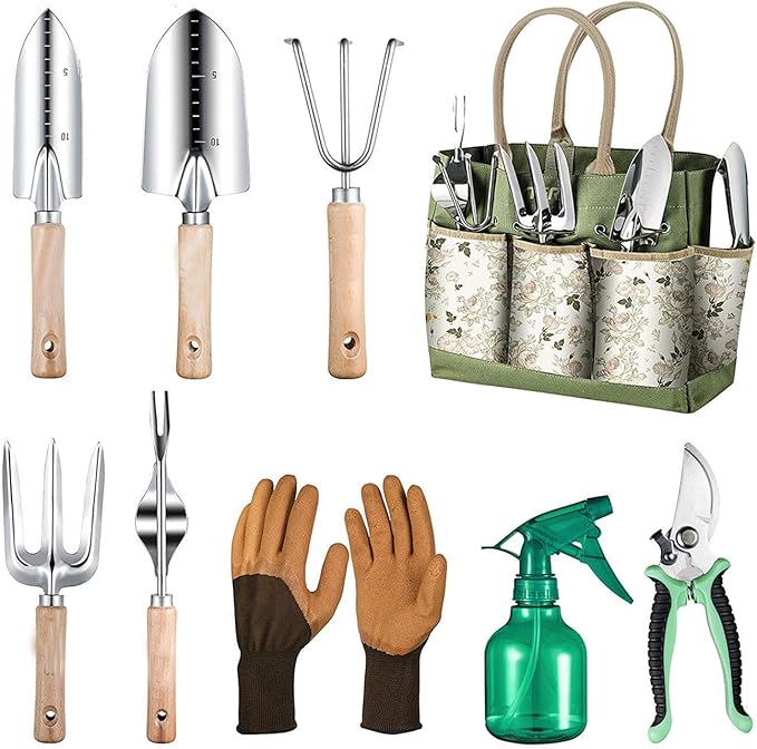Gardening Tools 9 Piece Heavy Duty Rust-Proof Gardening Tool Set with Storage Bag and Anti-Slip Rubber Gloves Ideal Gardening Gifts for Mothers and Women